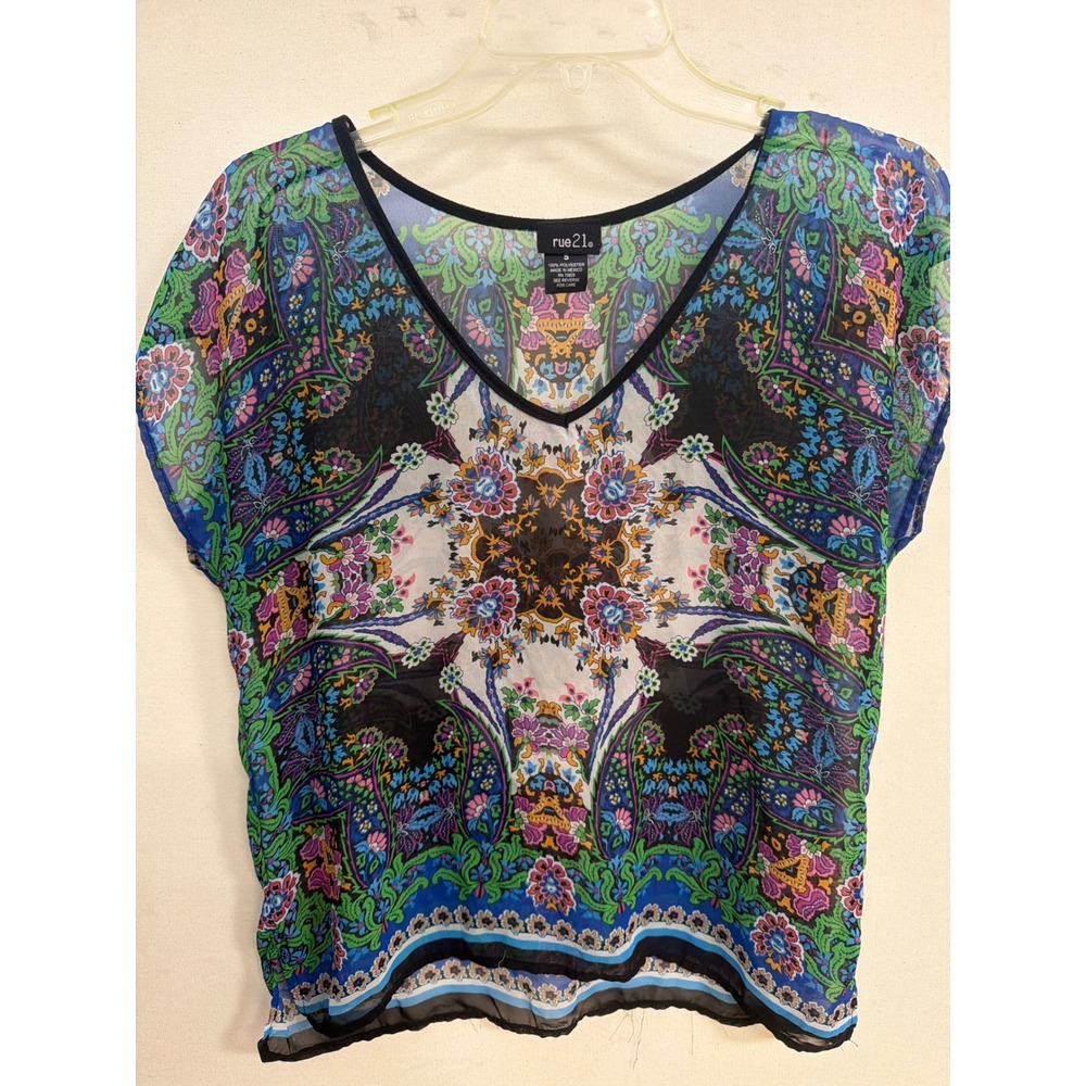Rue21 Womens Small Paisley Floral Chiffon V-Neck Blouse Multi-Color Sheer Top